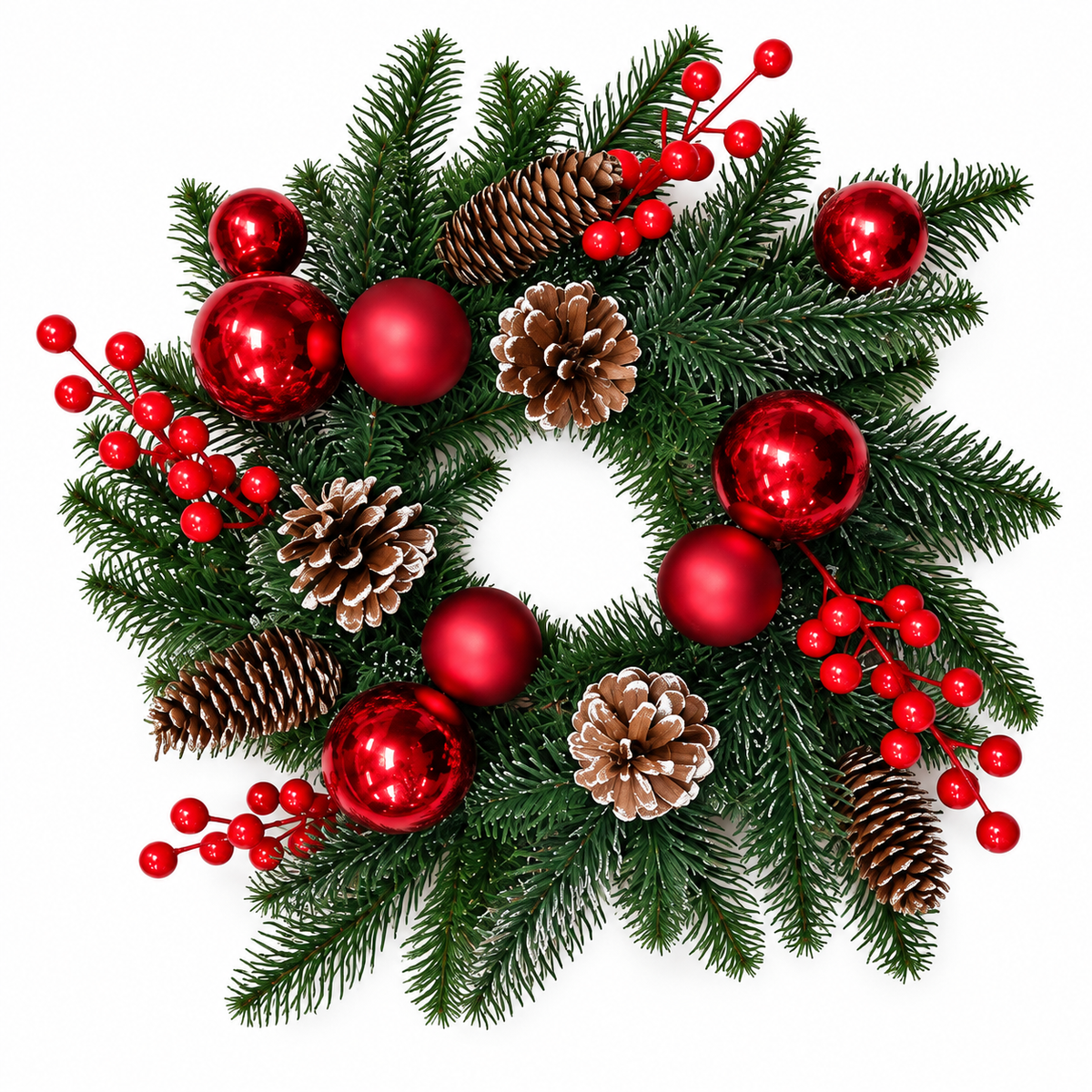 Christmas Wreath with Red Baubles, Berries and Pine Cones