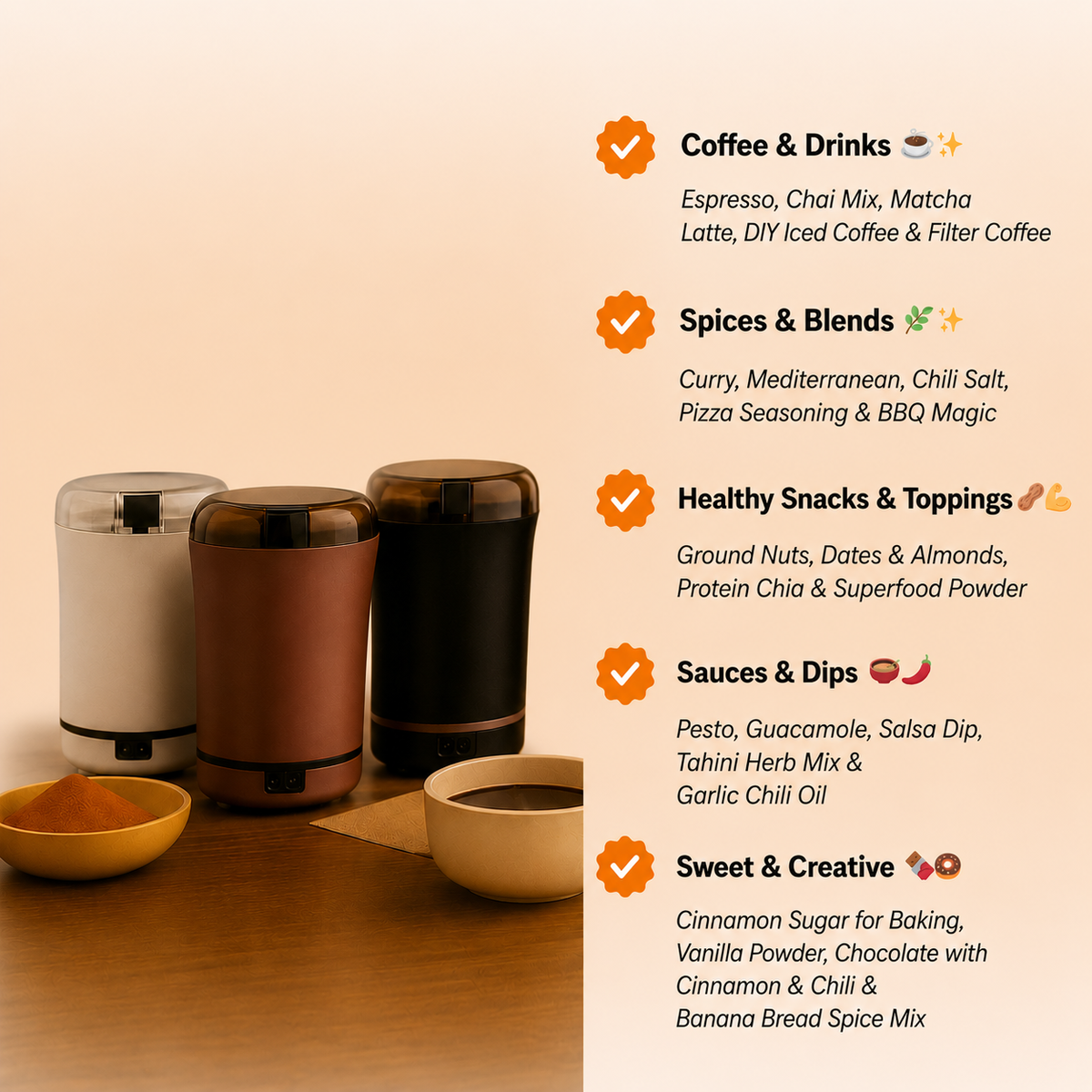 Electric Coffee Grinder for Beans, Spices & Herbs with One-Touch Operation