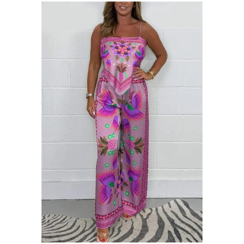 Spaghetti Strap Printed Top & Loose Pants 2-Piece Set