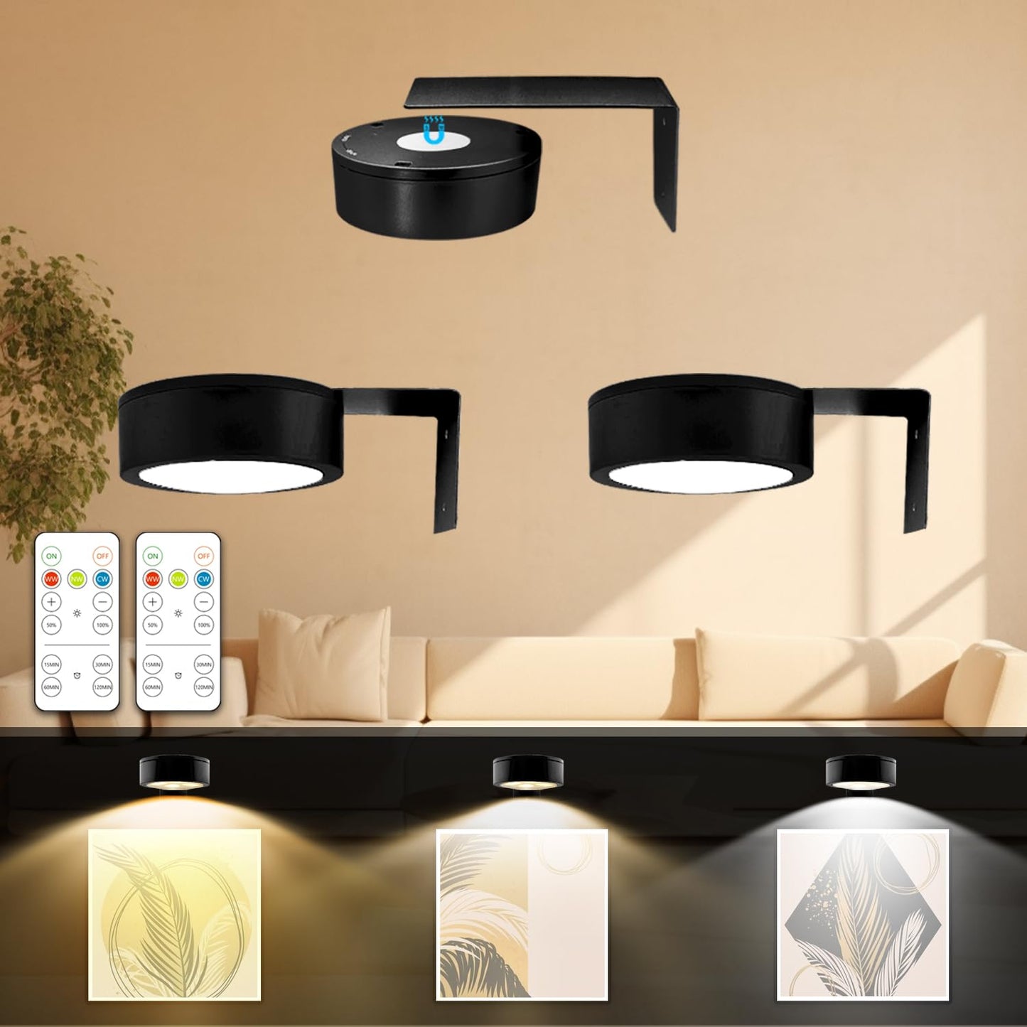 Wearclo | Arixinks 3Pack Picture Lighting Battery Powered With Remote Control, Painting Lighting For Art With 3 Light Colors & Dimmable, Led Art Display