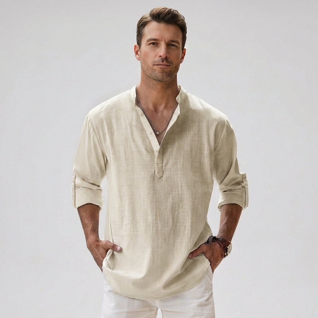 Wearclo | Men's Henley Shirt – Band Collar Linen Blend