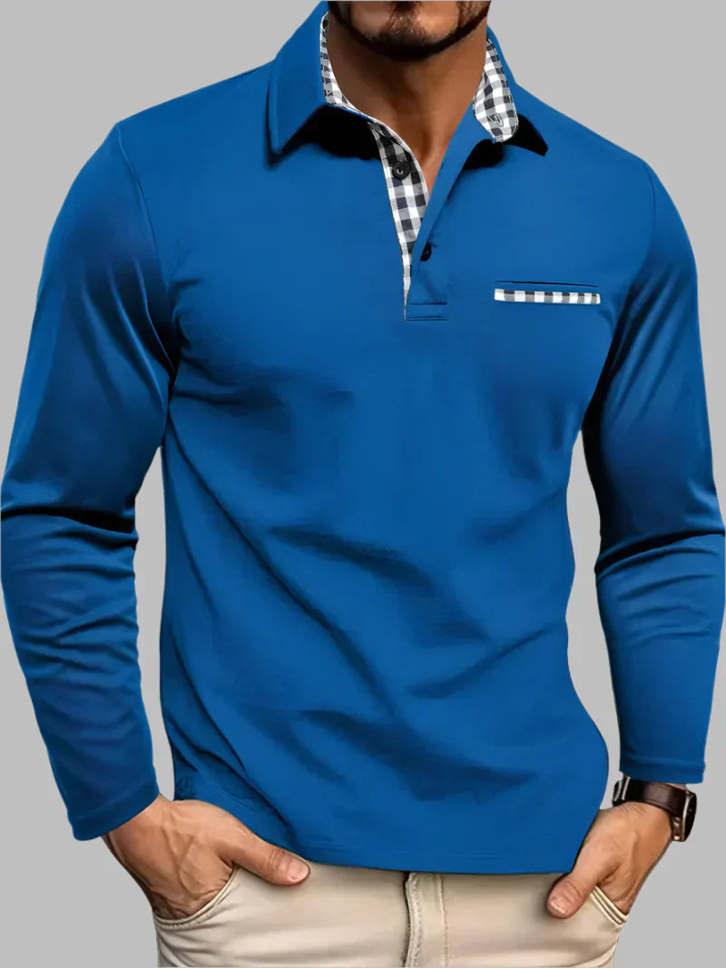 Wearclo | Men's Long-Sleeve Polo Shirt with Gingham Trim