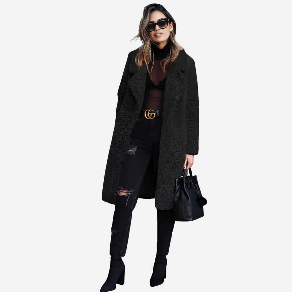 Wearclo | Women's Long Teddy Coat with Notched Collar