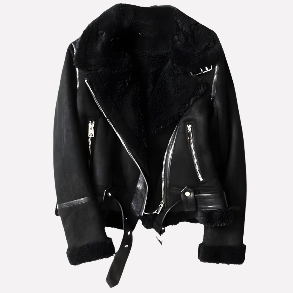 Wearclo | Women's Shearling Aviator Jacket with Belted Hem