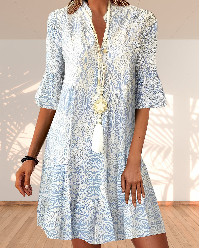 Wearclo | Women's Tiered Midi Dress with Bell Sleeves and Ethnic Print