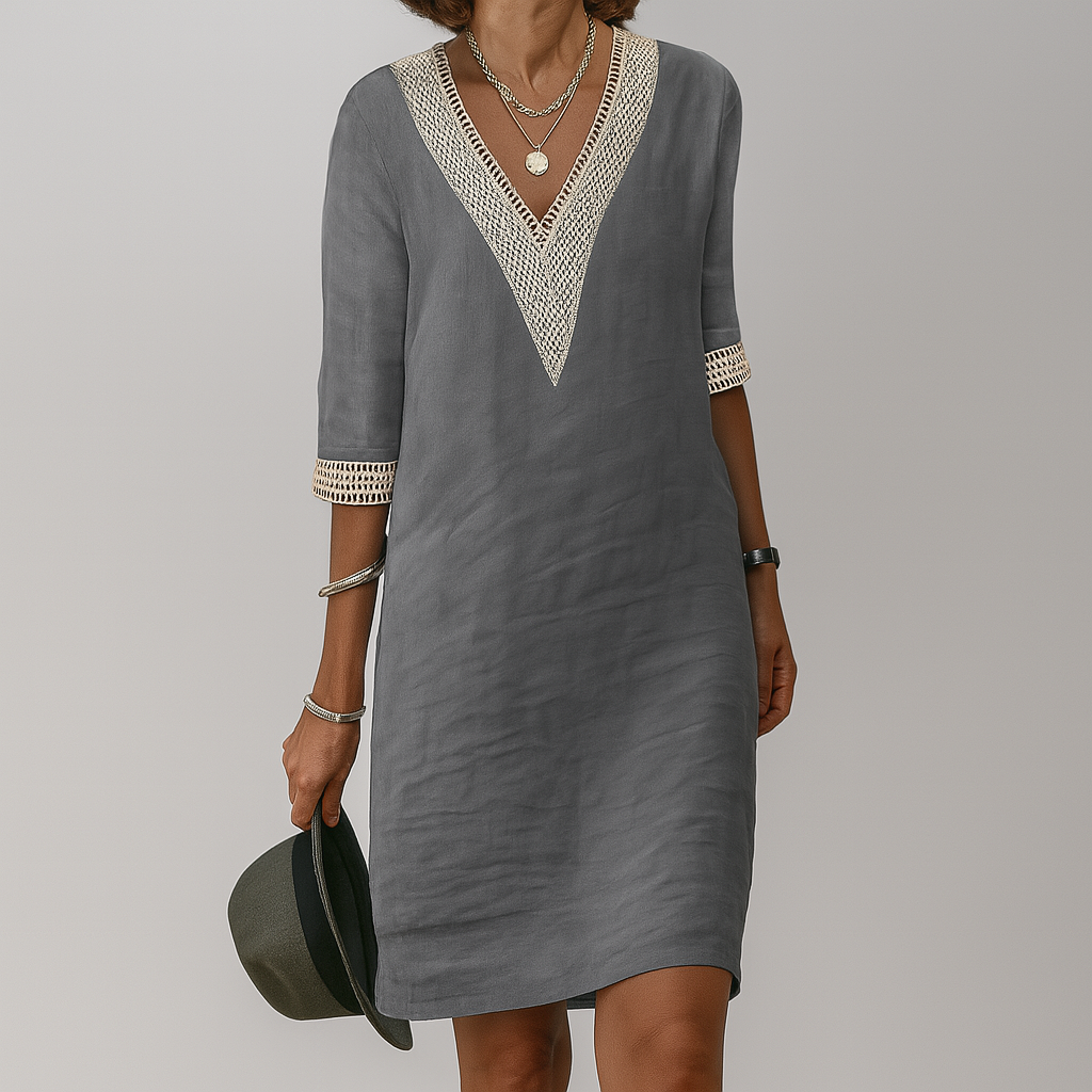 Wearclo | Women's V-Neck Lace Trim Midi Dress