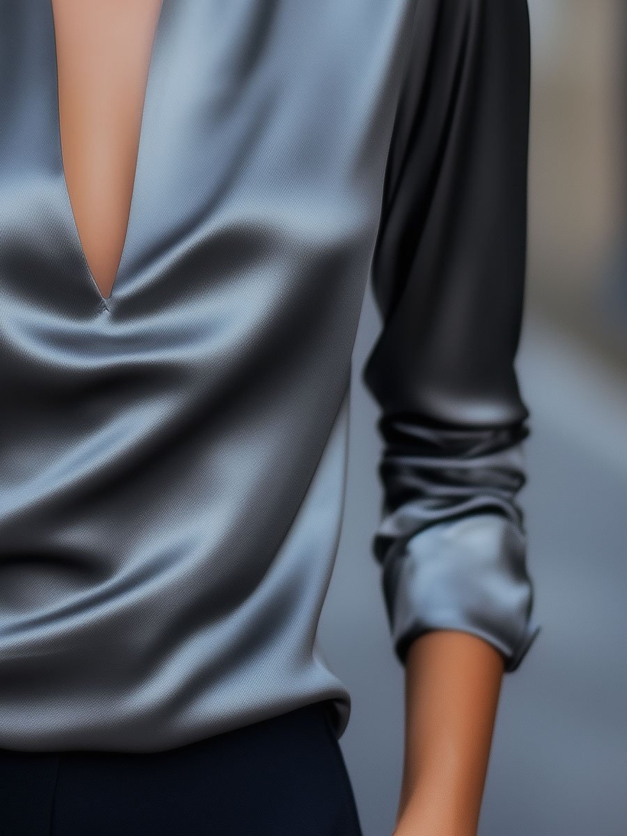 Women's Blouse with Deep V-Neck and Long Sleeves