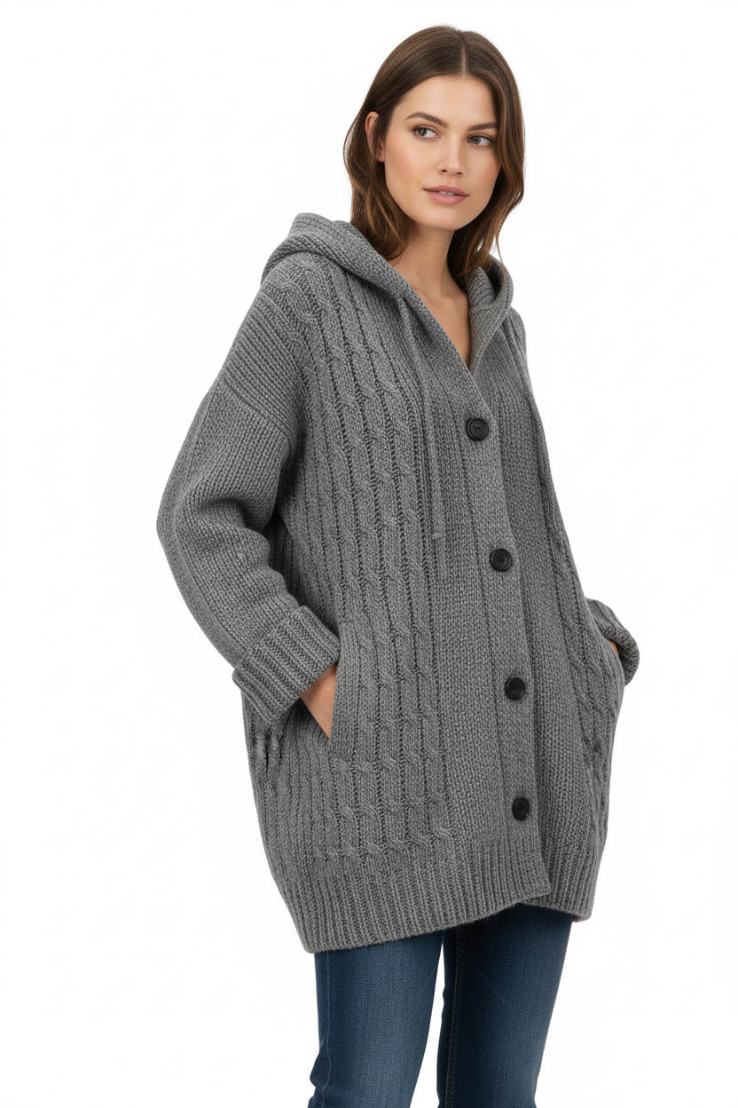 Women's Chunky Knit Wool-Blend Winter Coat with Button Closure and Deep Pockets