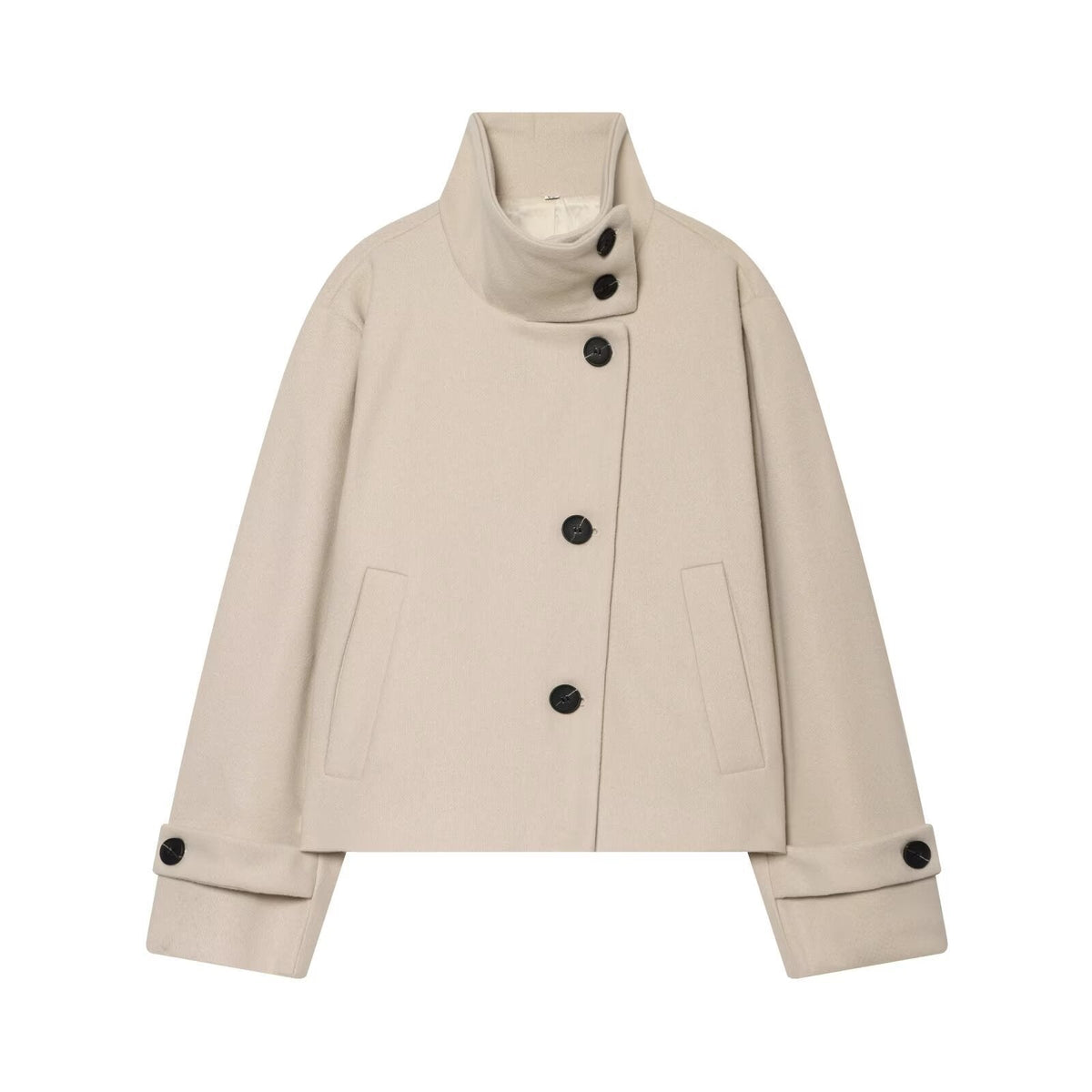 Women's Cropped Wool Coat with High Stand Collar, Buttoned Cuffs and Pockets
