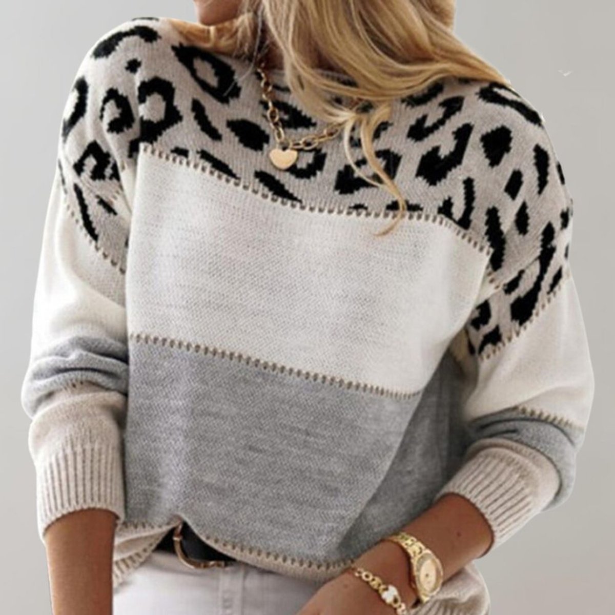Women's Leopard Print Colorblock Knit Pullover Sweater