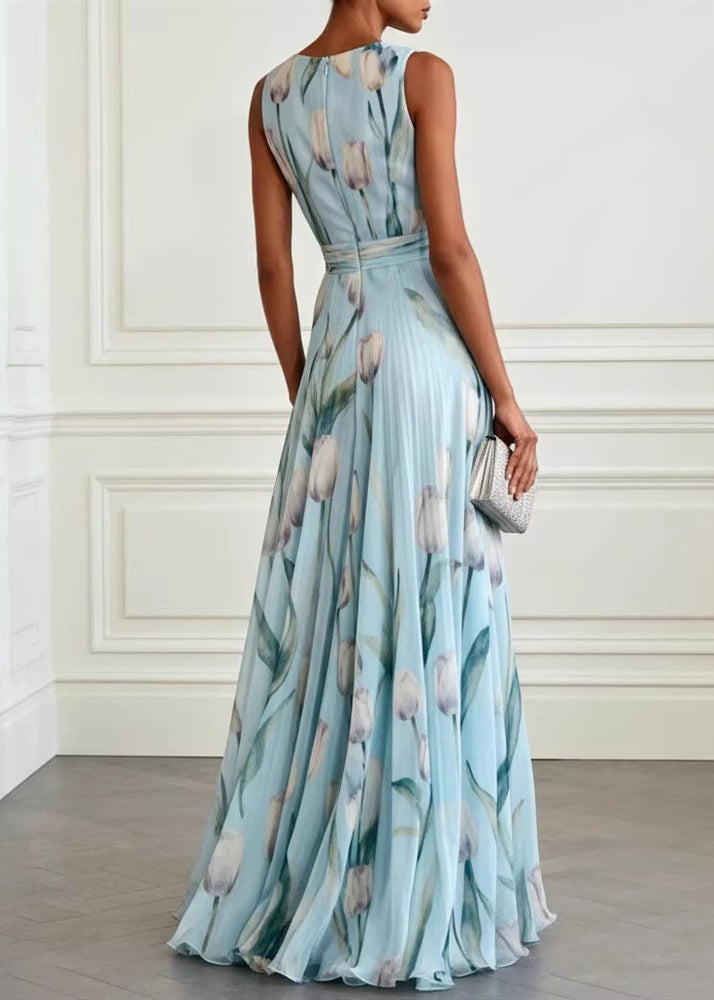 Women's Long Party Dress with Blue Print and Flowy Skirt