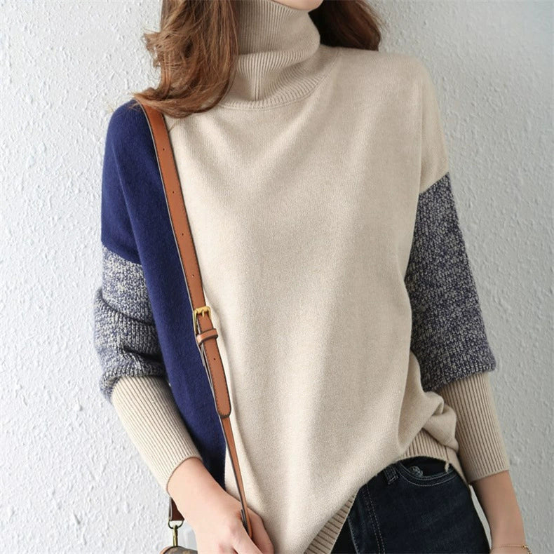 Women's Loose Fit Turtleneck Wool-Blend Sweater with Ribbed Cuffs and Hem