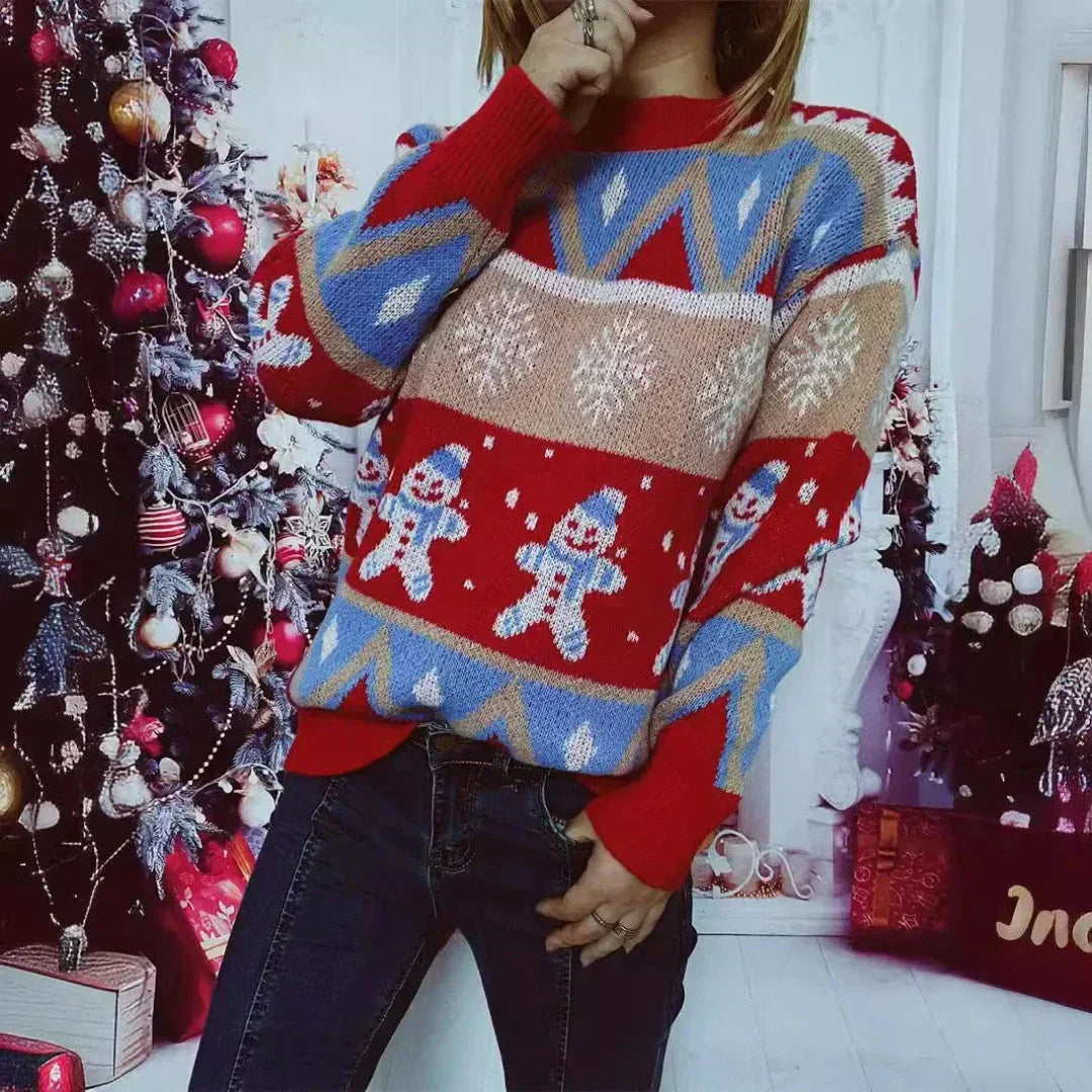 Women's Oversized Festive Knit Sweater – Casual Winter Pullover with Christmas Motif