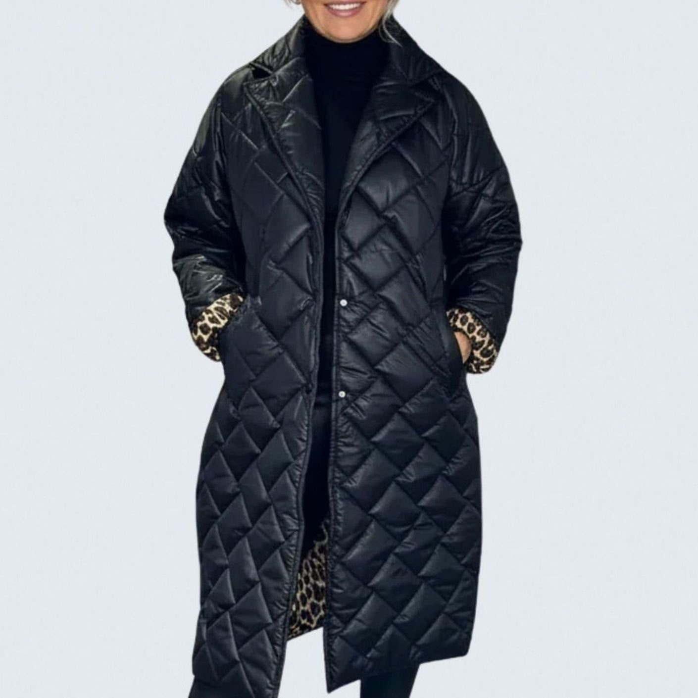 Women's Reversible Quilted Midi Winter Puffer Coat with Leopard Print Lining