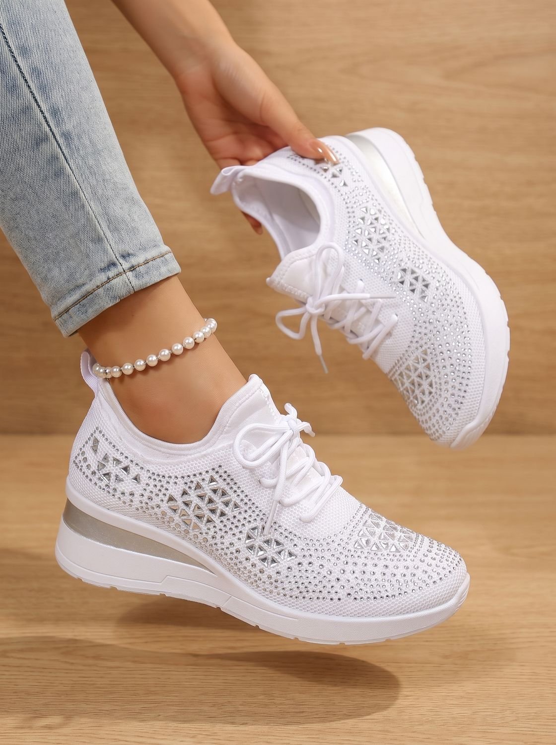 Women's Rhinestone Knit Wedge Lace-Up Orthopedic Sneakers
