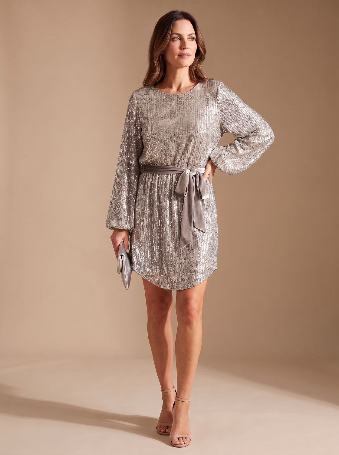 Women's Sparkly Sequin Mini Christmas Party Dress with Balloon Sleeves and Belt