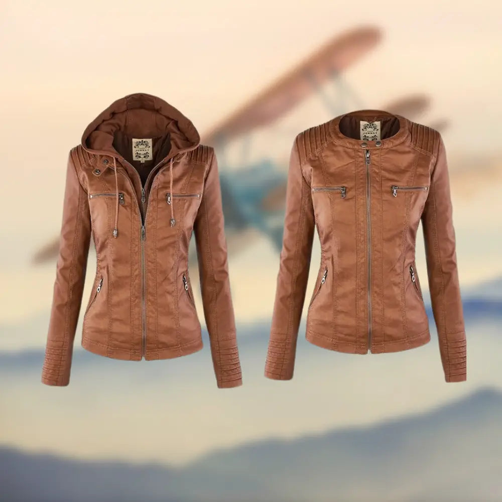 Women's Tan Leather Jacket with Hood and Long Sleeves