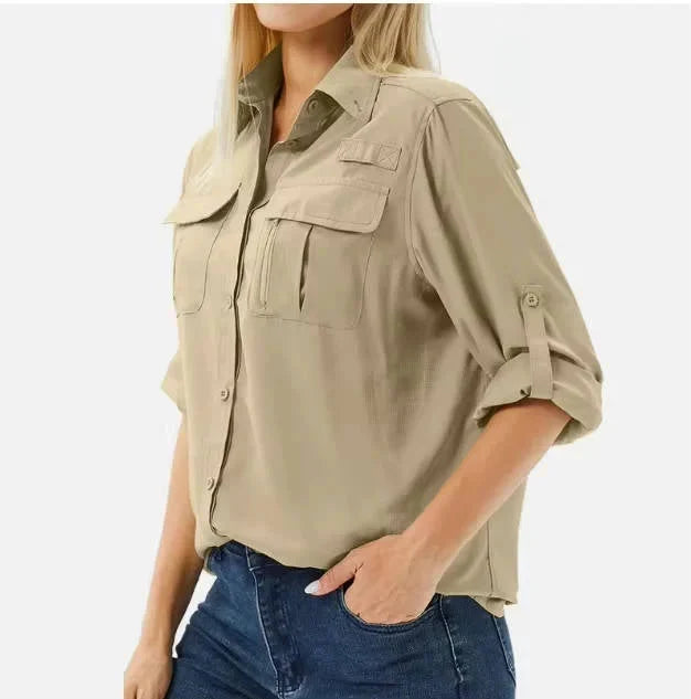 Women's UPF 50 Hiking and Safari Shirt with Roll-Up Sleeves and Zippered Pockets