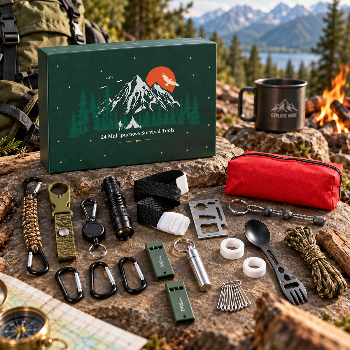 24-Day Outdoor Tool Advent Calendar | Camping & Hiking Accessories Christmas Countdown Set with Utility Tools