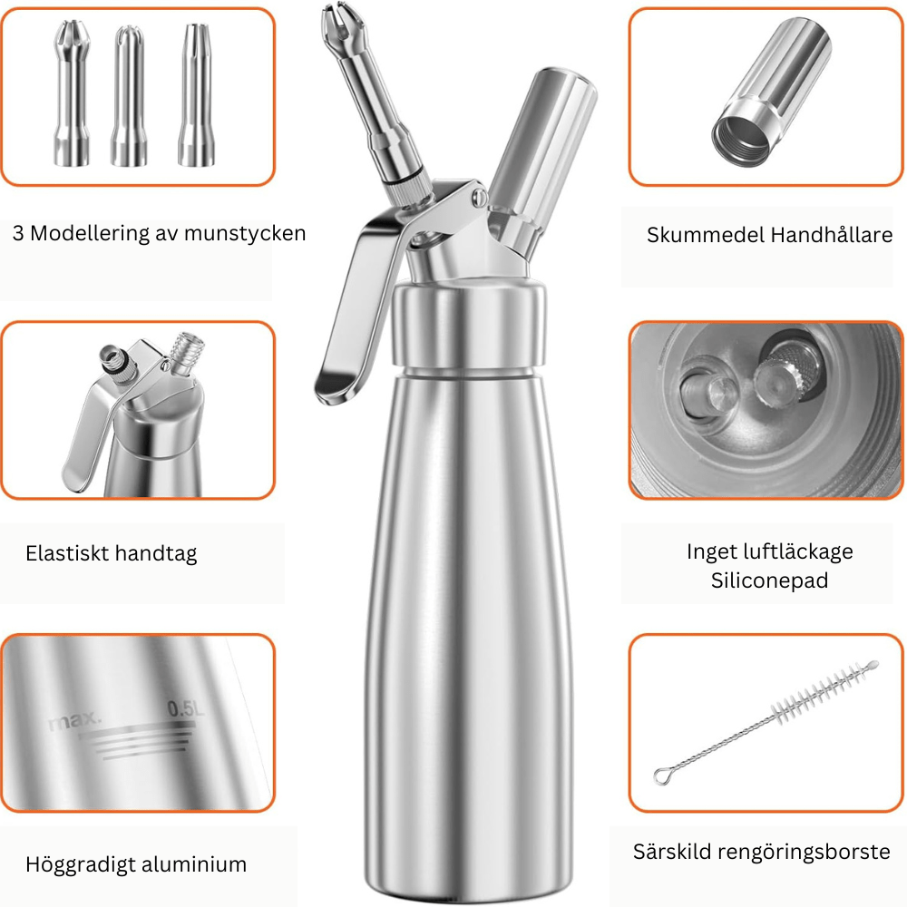 Aluminum Whipped Cream Dispenser with Three Nozzles and Siphon Mechanism