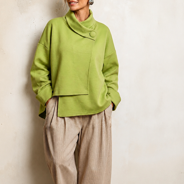 Asymmetric Cowl Neck Button Sweatshirt