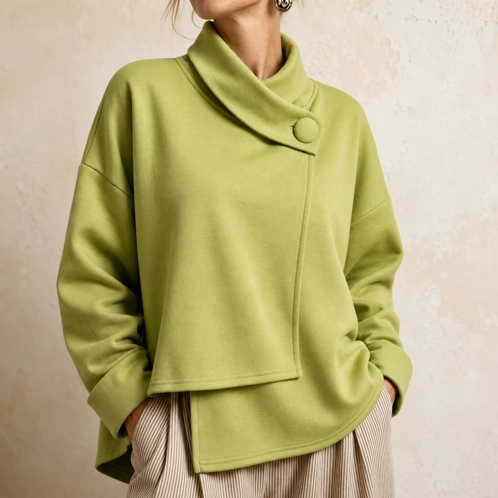 Asymmetric Cowl Neck Button Sweatshirt