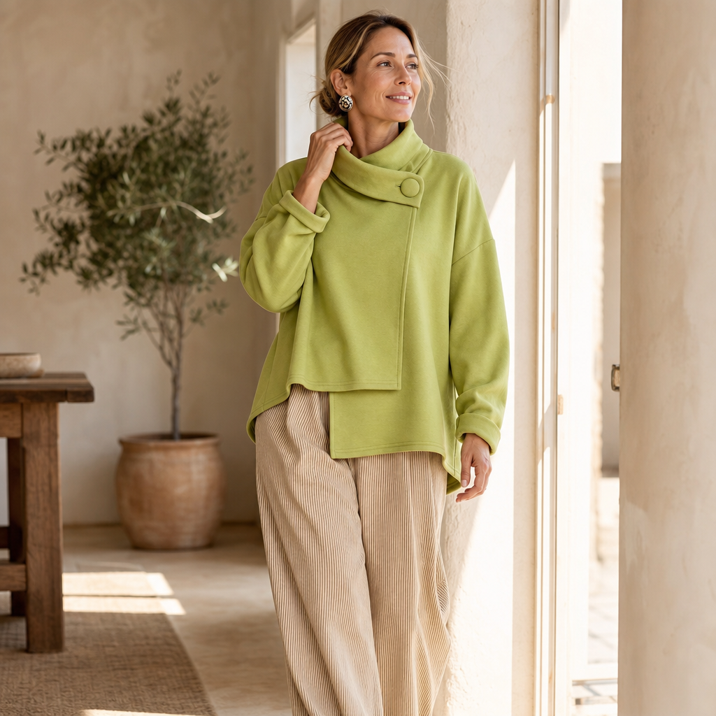 Asymmetric Cowl Neck Button Sweatshirt