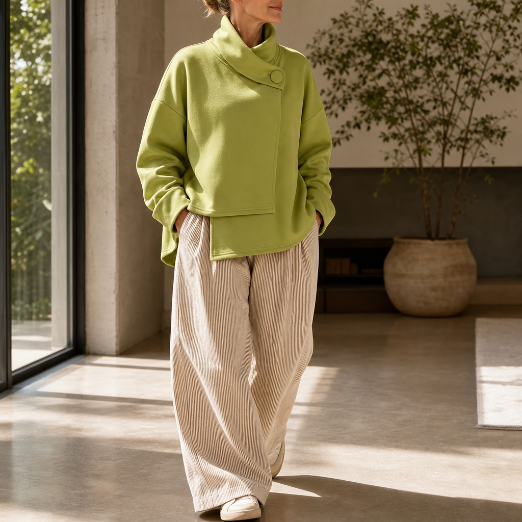 Asymmetric Cowl Neck Button Sweatshirt