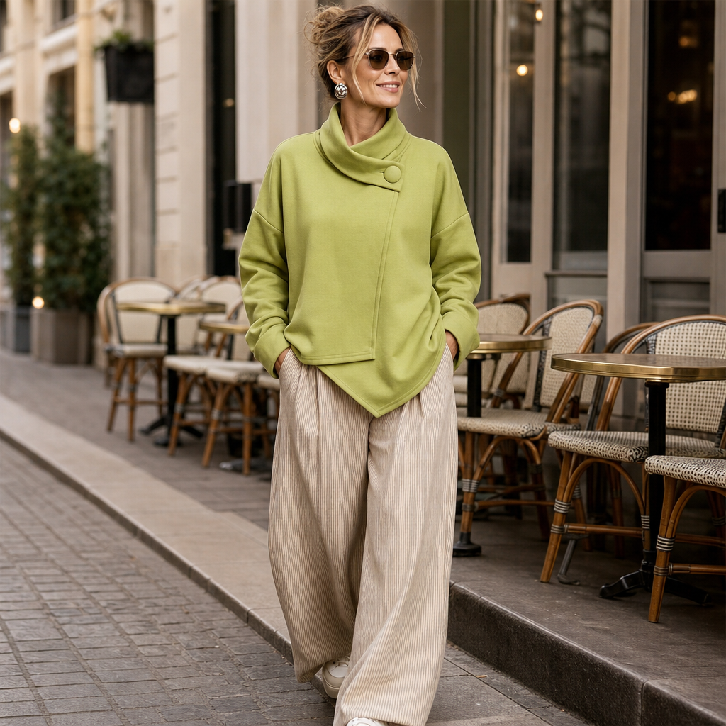 Asymmetric Cowl Neck Button Sweatshirt