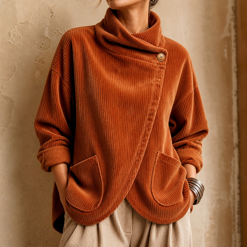 Asymmetric Wrap Neckline Corduroy Jacket
