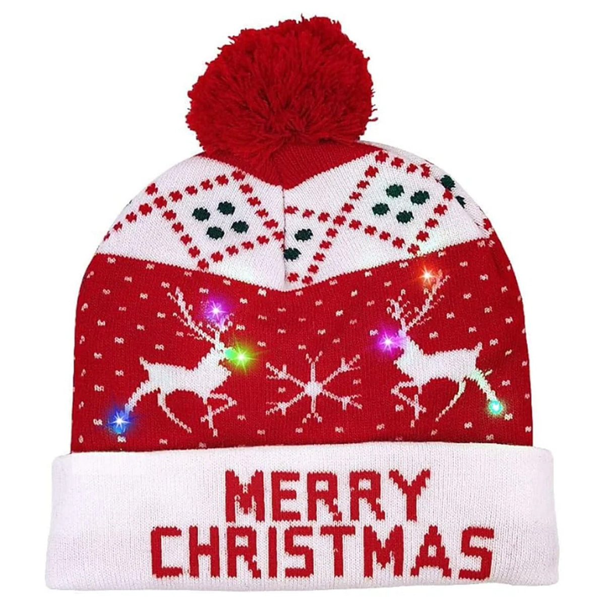 Christmas Hat with Lights - Knitted LED Beanie with Pom-Pom