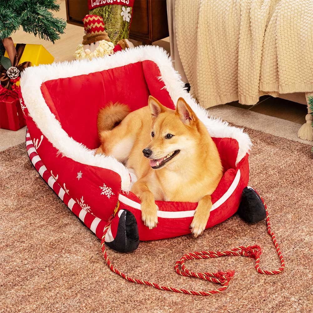 Christmas Sleigh Dog Bed with Plush Crystal Velvet and Non-Slip Bottom