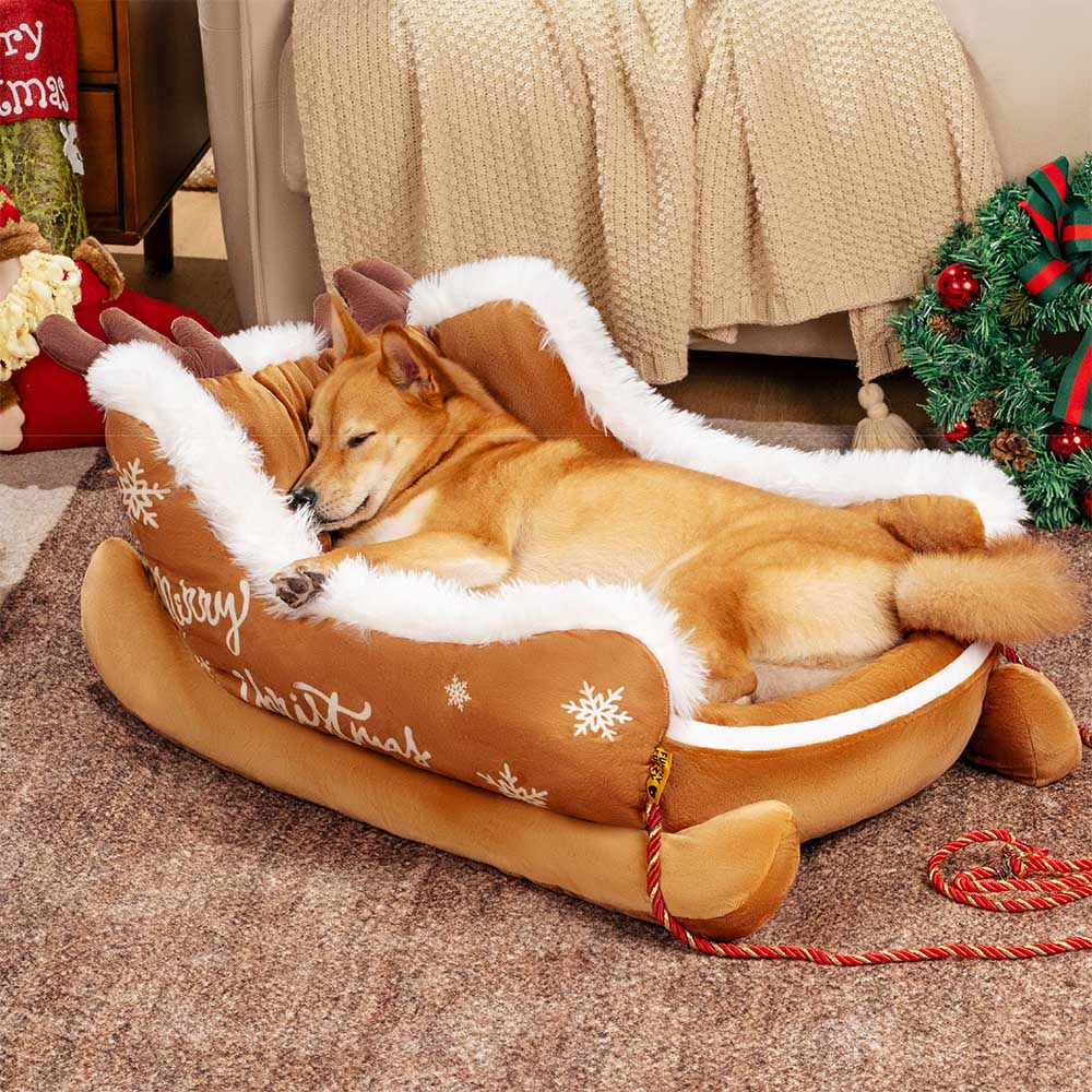 Christmas Sleigh Dog Bed with Plush Crystal Velvet and Non-Slip Bottom