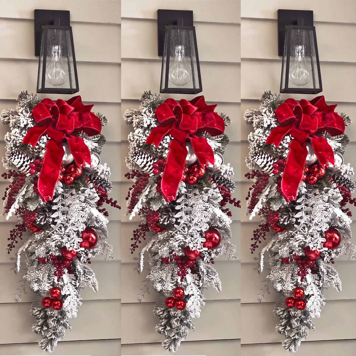 Christmas Wreath with Baubles - Snowy Door Decoration with Red Bow