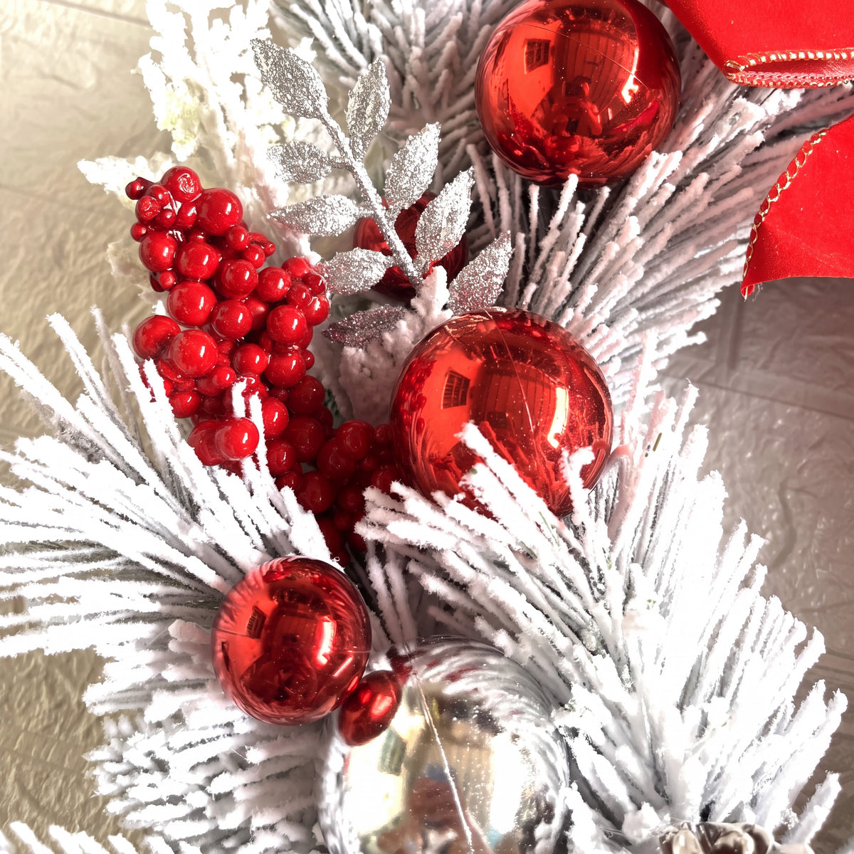 Christmas Wreath with Baubles - Snowy Door Decoration with Red Bow