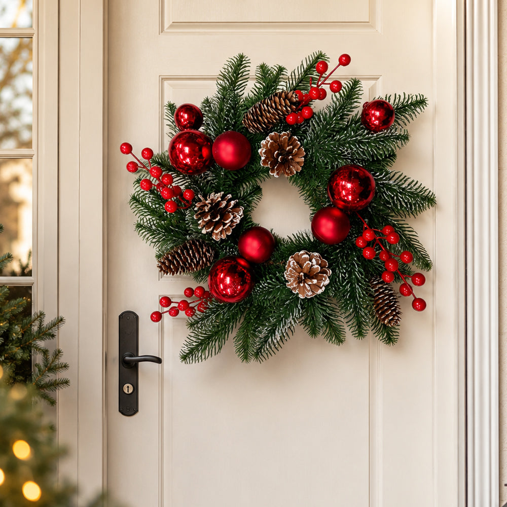 Christmas Wreath with Red Baubles, Berries and Pine Cones