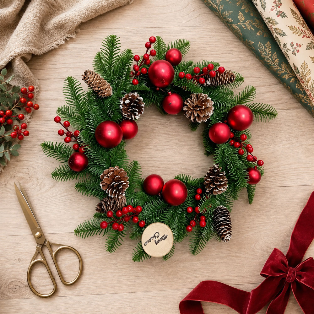 Christmas Wreath with Red Baubles, Berries and Pine Cones