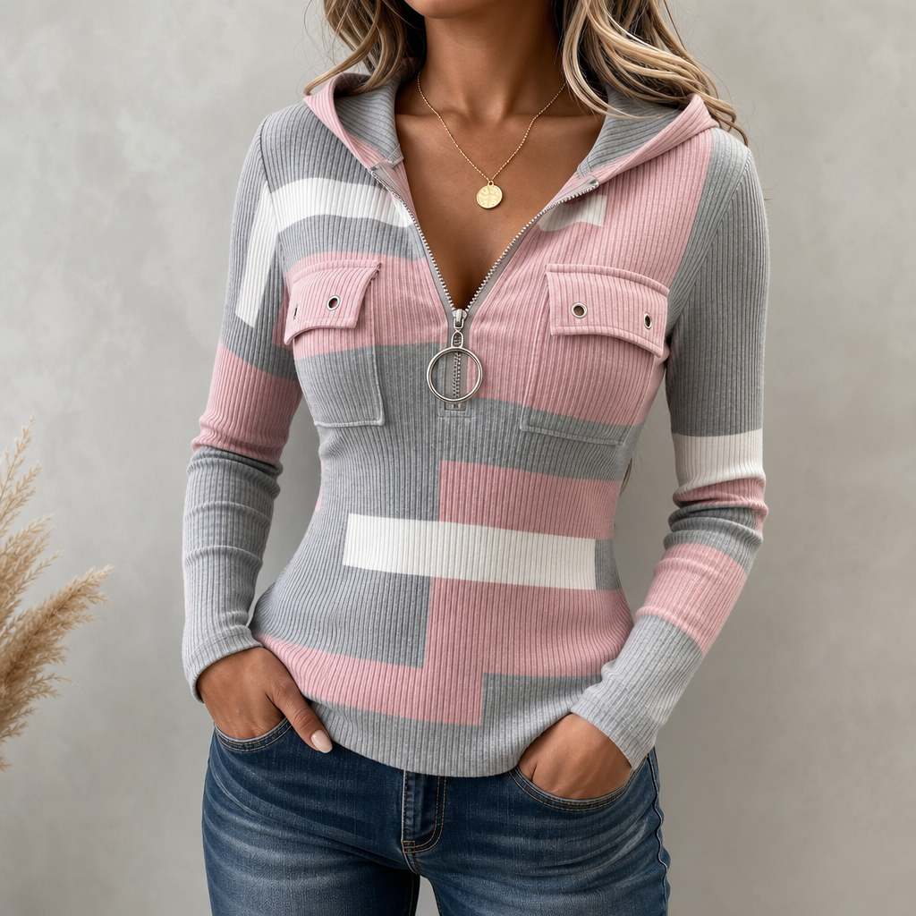 Colorblock Ribbed Zip-Up Hooded Top