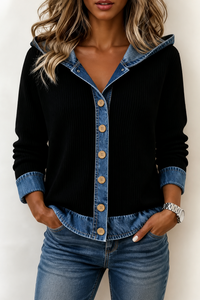 Denim-Look Patchwork Hooded Cardigan