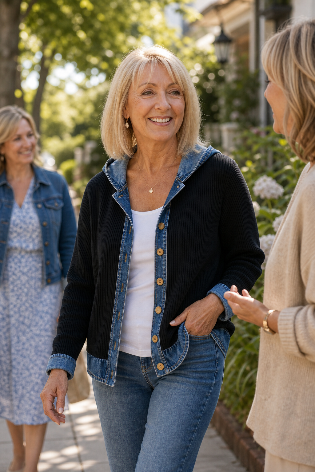 Denim-Look Patchwork Hooded Cardigan