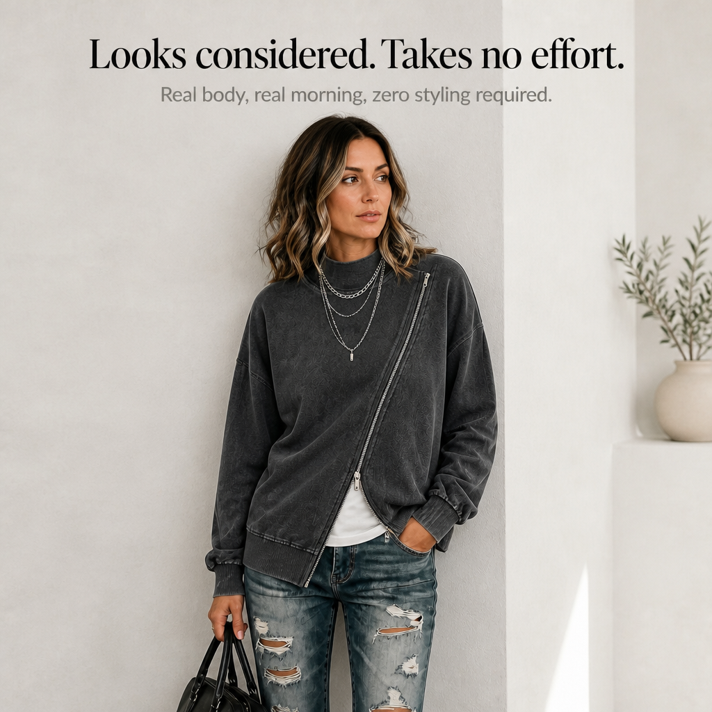 Diagonal Zip Drop-Shoulder Sweatshirt Jacket