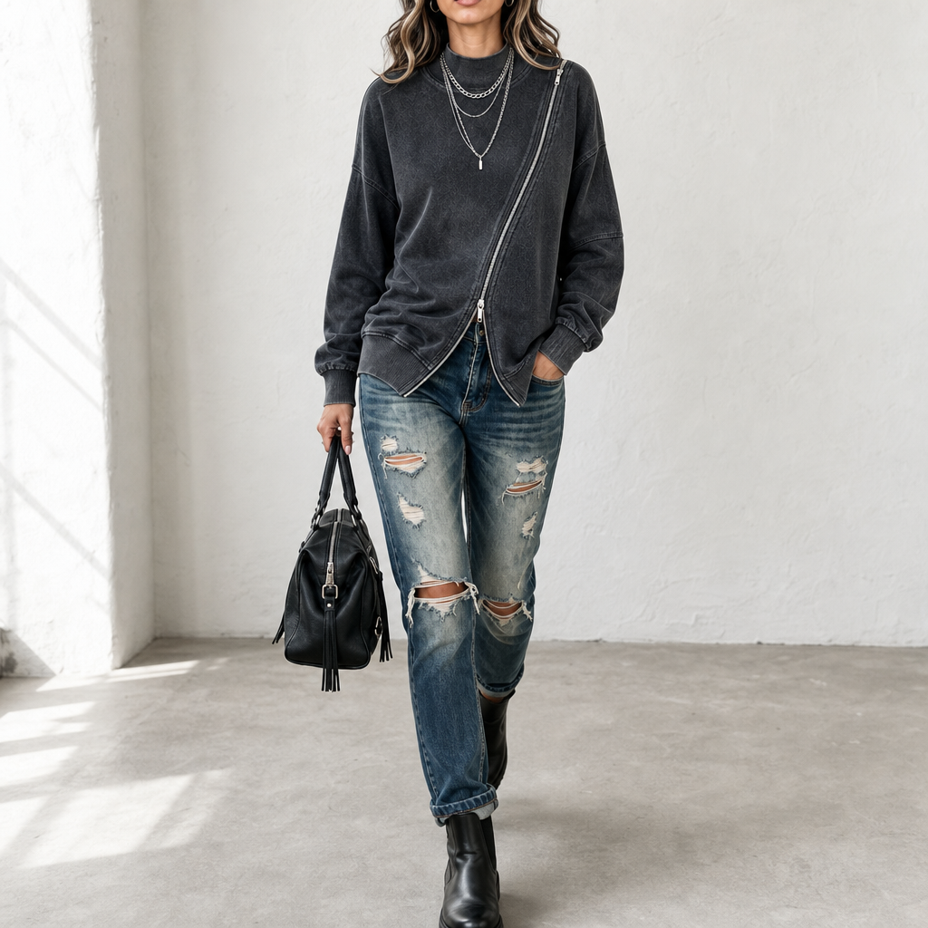 Diagonal Zip Drop-Shoulder Sweatshirt Jacket