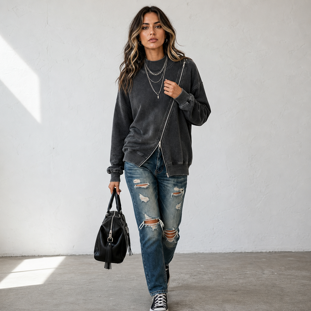 Diagonal Zip Drop-Shoulder Sweatshirt Jacket