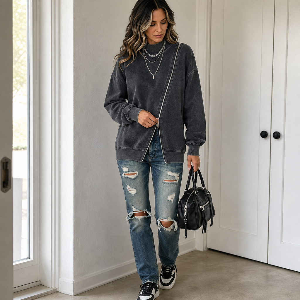 Diagonal Zip Drop-Shoulder Sweatshirt Jacket