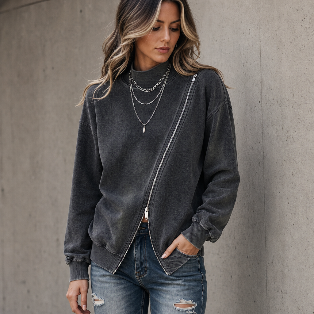 Diagonal Zip Drop-Shoulder Sweatshirt Jacket