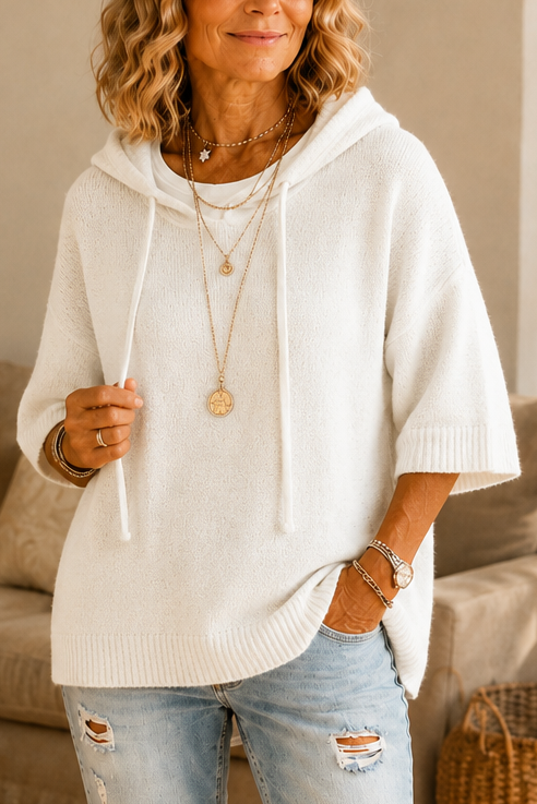 Distressed Open-Knit Drawstring Hoodie