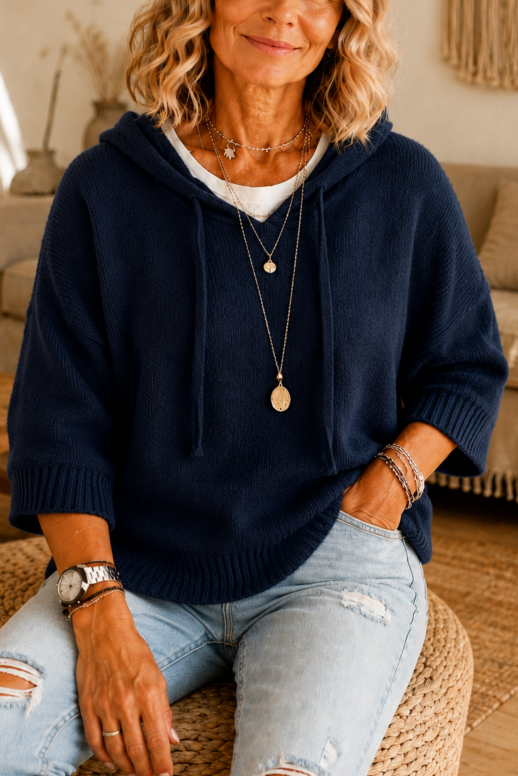 Distressed Open-Knit Drawstring Hoodie