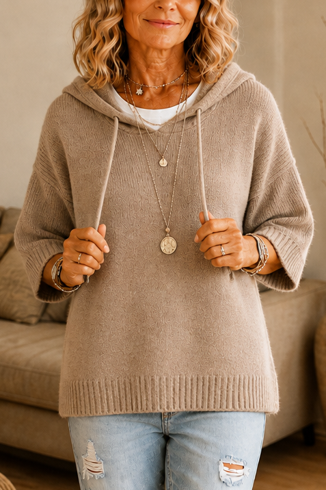 Distressed Open-Knit Drawstring Hoodie