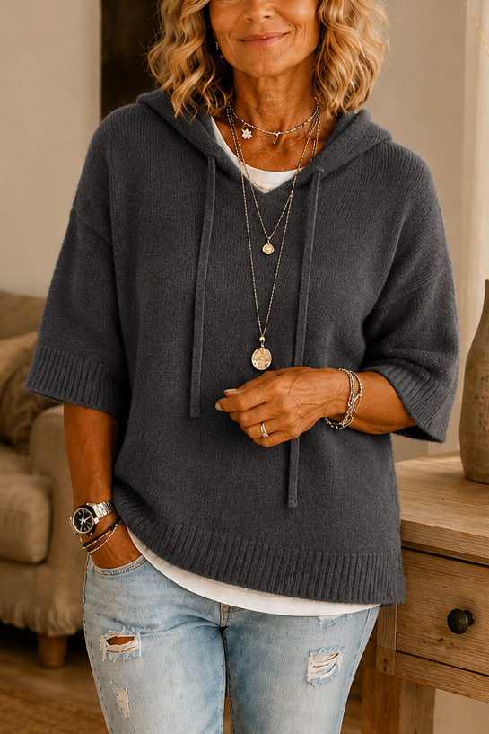 Distressed Open-Knit Drawstring Hoodie