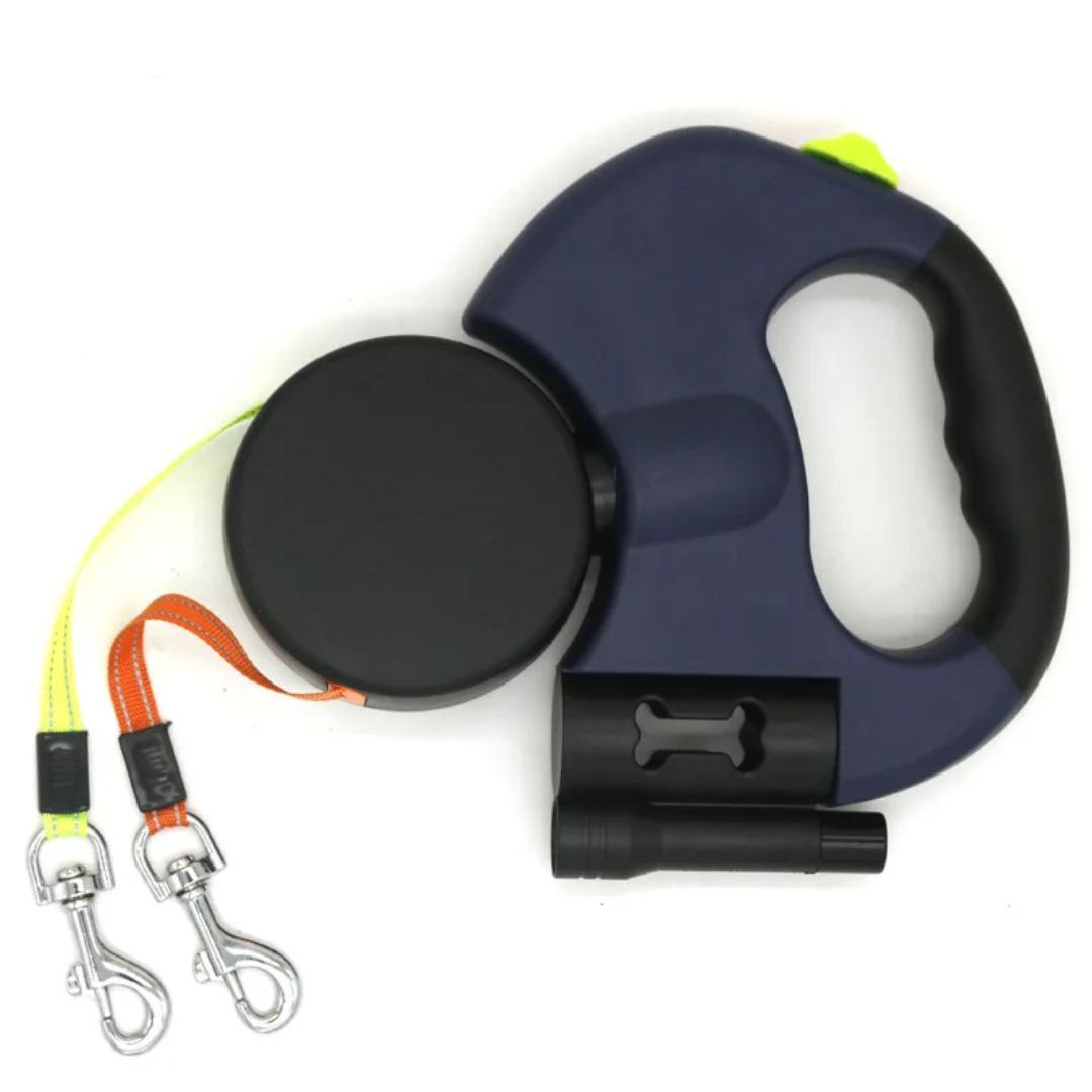 Double Dog Leash with Flashlight and Waste Bag Holder